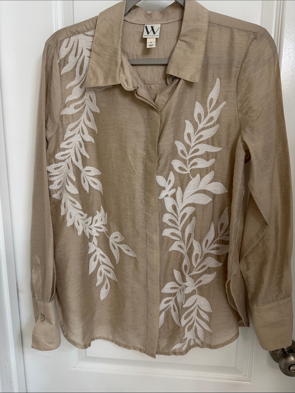 W by Worth Taupe Shirt with White Leaf Embroidery